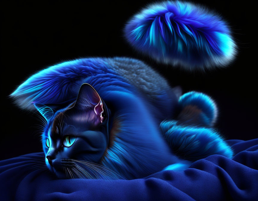 Luminous Blue Cat with Glowing Fur and Eyes on Dark Background