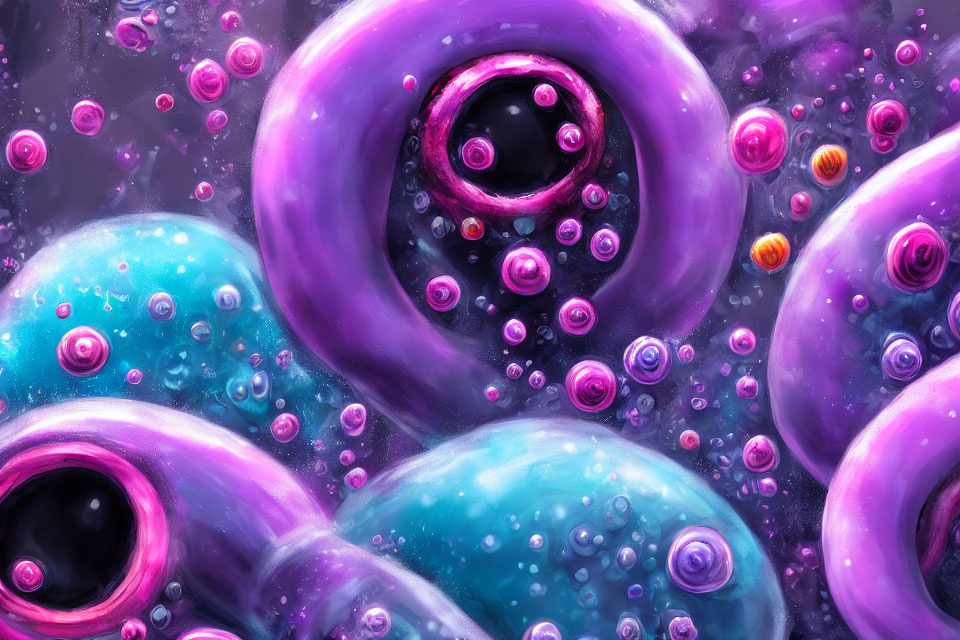 Colorful digital painting of glossy orbs in purple and blue with bubbles and swirling patterns