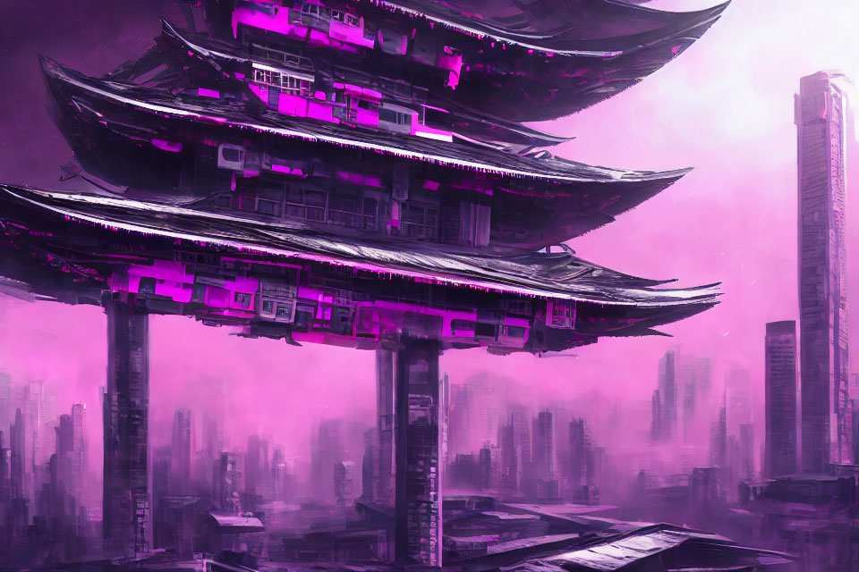 Futuristic cityscape with pagoda-style structures and high-rises under a purple sky