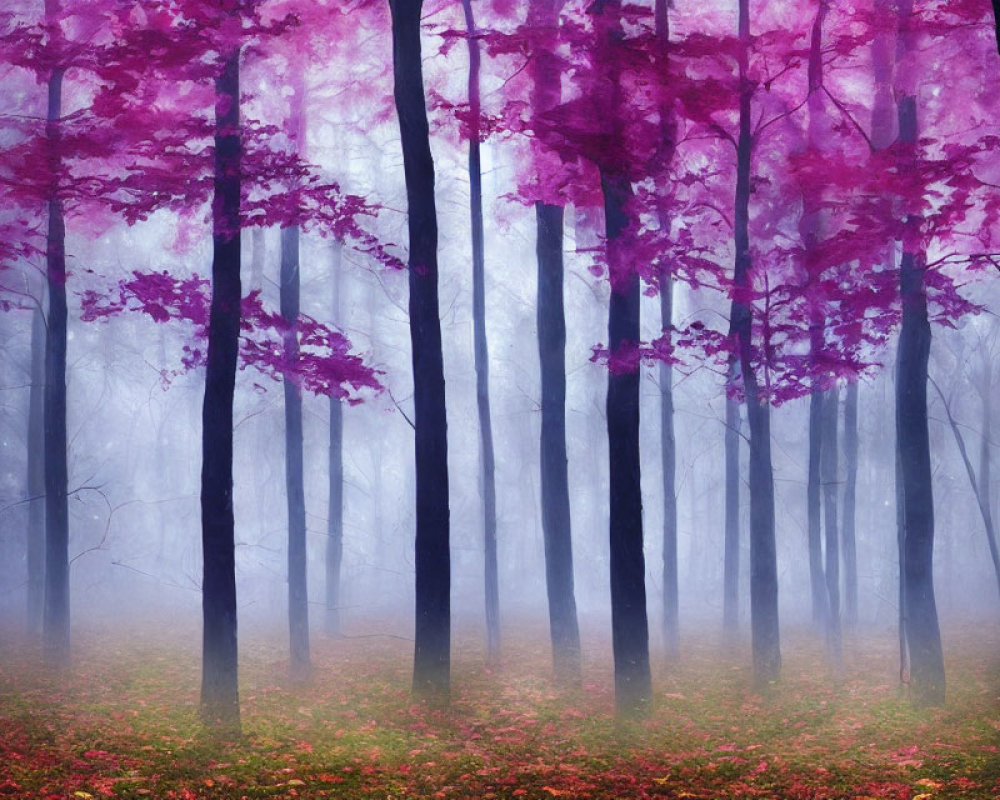 Enchanting misty forest with vibrant pink foliage and fallen leaves