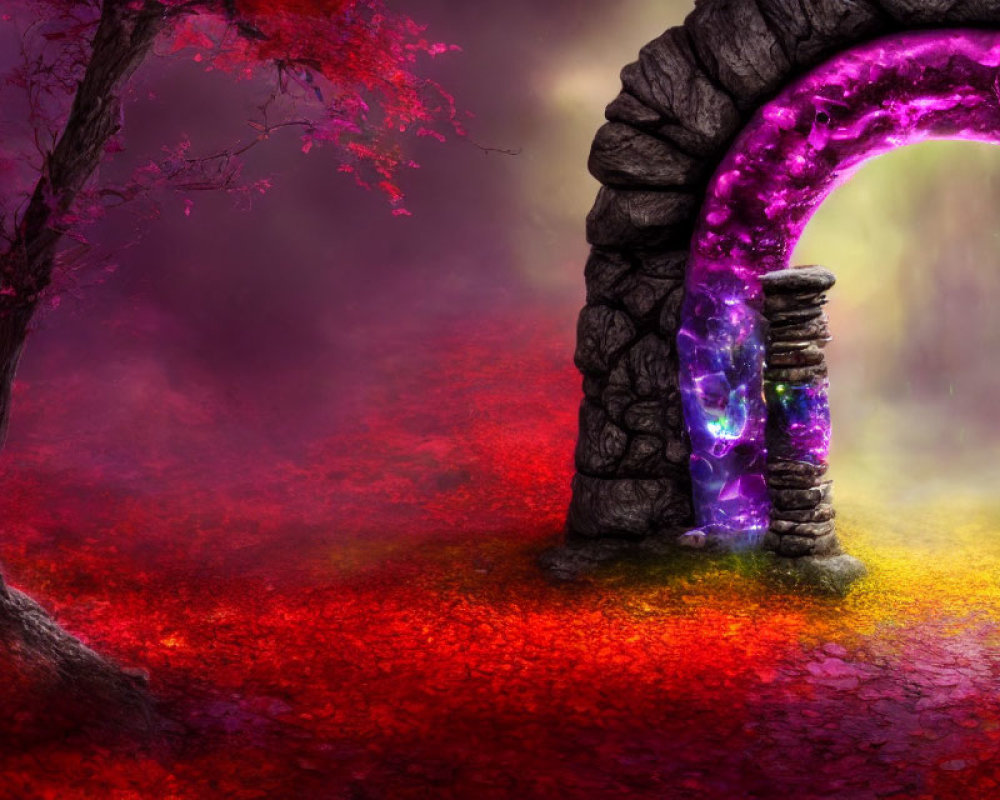 Mystical arch with glowing purple edges in red and purple forest