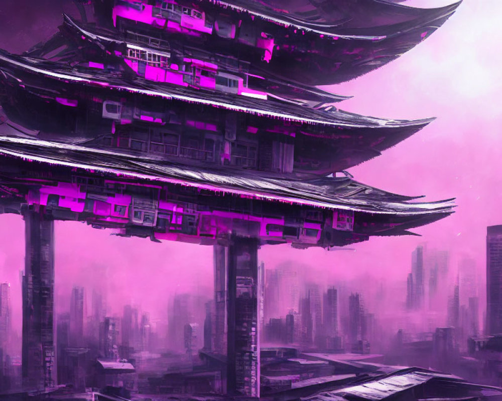 Futuristic cityscape with pagoda-style structures and high-rises under a purple sky