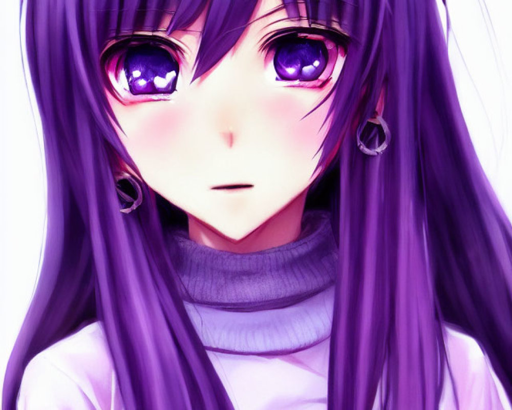 Purple-haired anime girl in turtleneck with large eyes