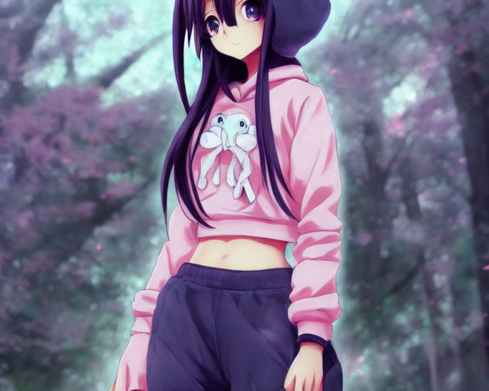 Girl with Long Purple Hair and Cat-Like Traits in Pink Hoodie and Cherry Blossom Setting