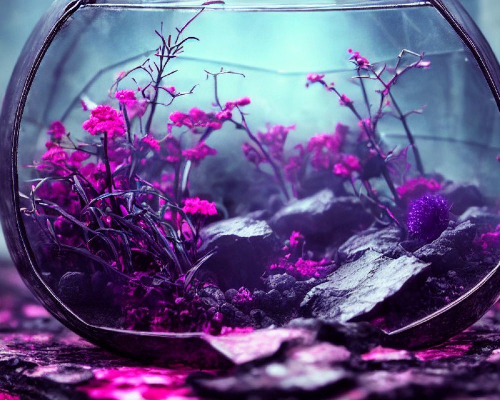 Colorful terrarium with purple flowers and dark rocks in round glass container on misty blue background