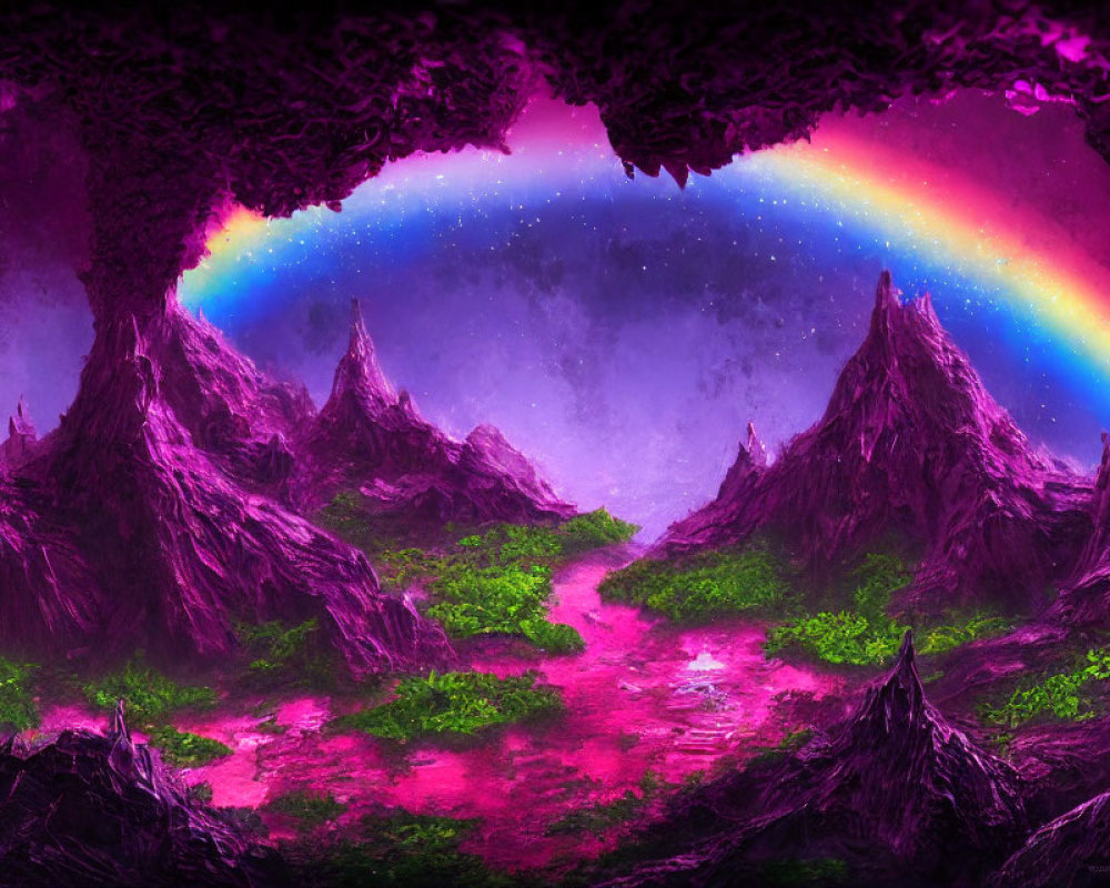 Colorful fantasy landscape: purple mountains, rainbow sky, lush green and pink forest floor from dark cave