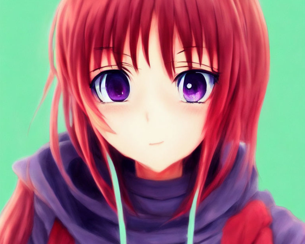 Character with Red Hair and Purple Eyes in Hoodie on Green Background