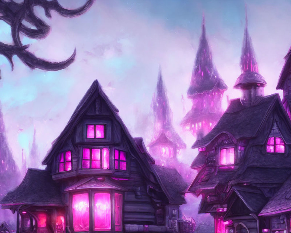 Fantasy village with glowing purple windows and pink skies