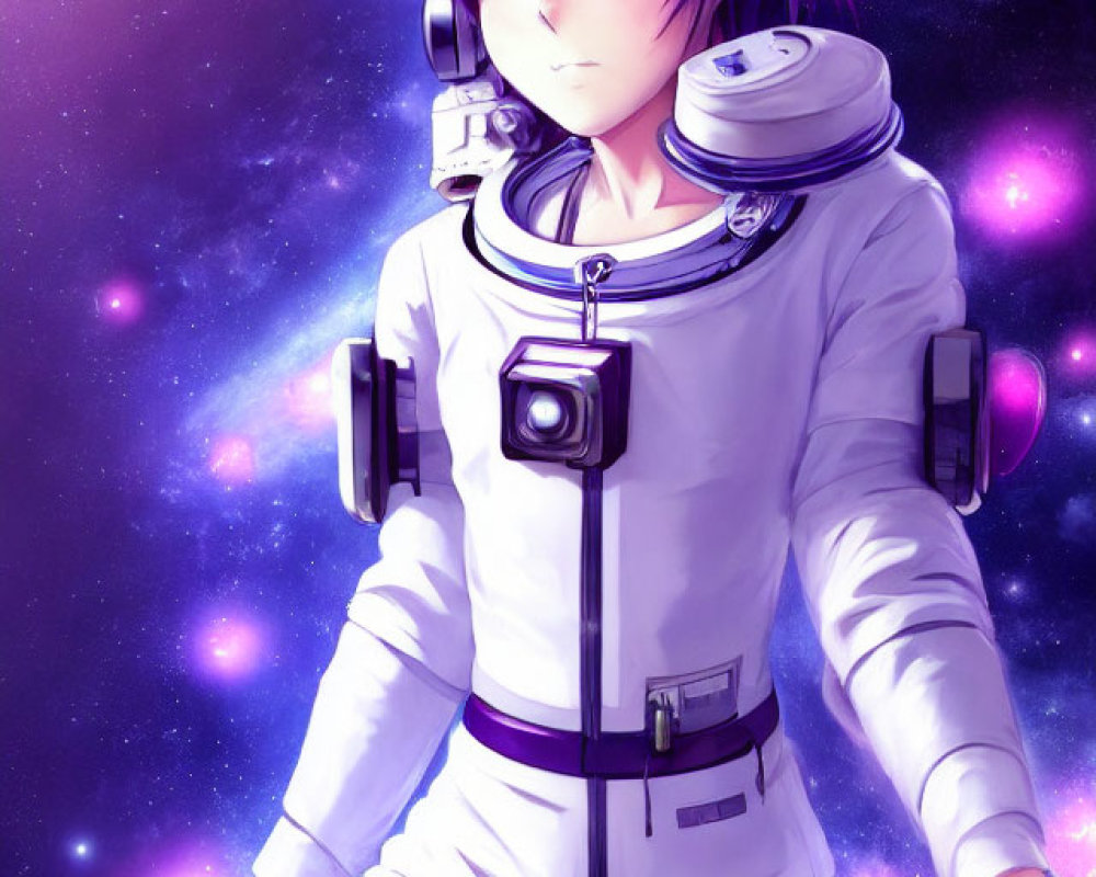 Purple-haired anime character in spacesuit with headphones in cosmic setting