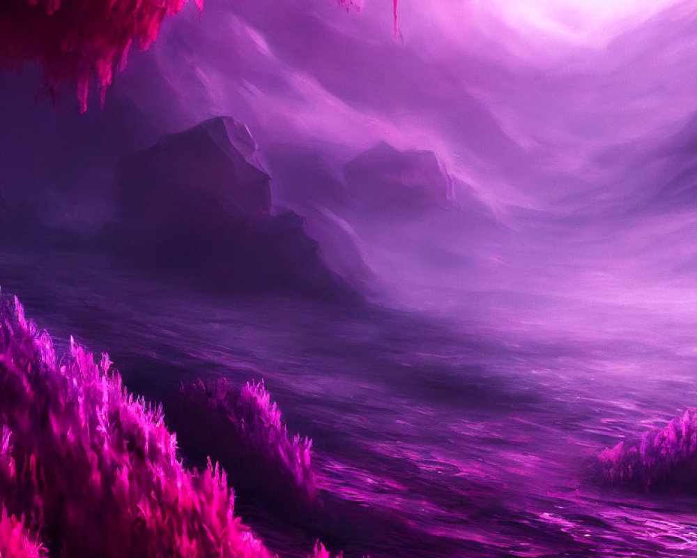 Surreal Purple Landscape with Misty Mountains and Vibrant Flora