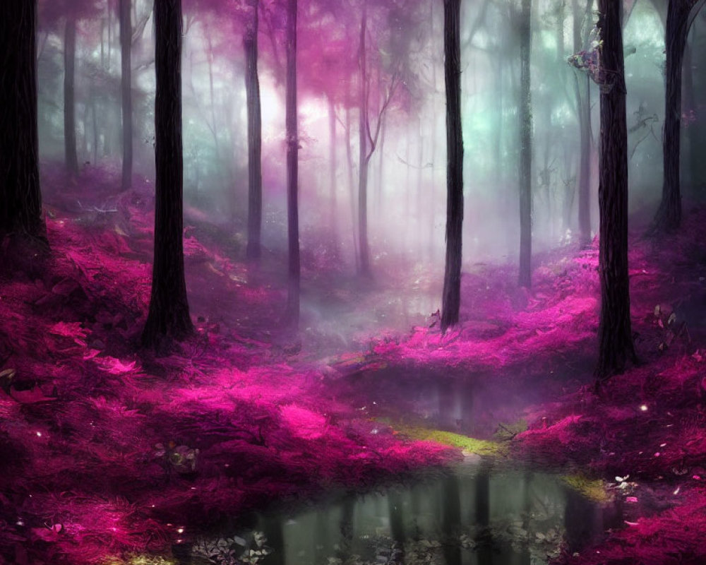 Mystical forest with purple foliage, tranquil pond, and ethereal fog