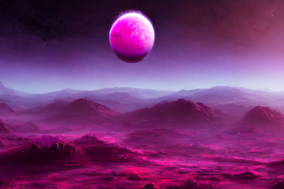 Surreal landscape with purple hues, rocky terrain, and large pink planet in misty sky