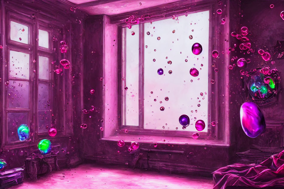 Surreal Purple Room with Floating Bubbles by Bright Window