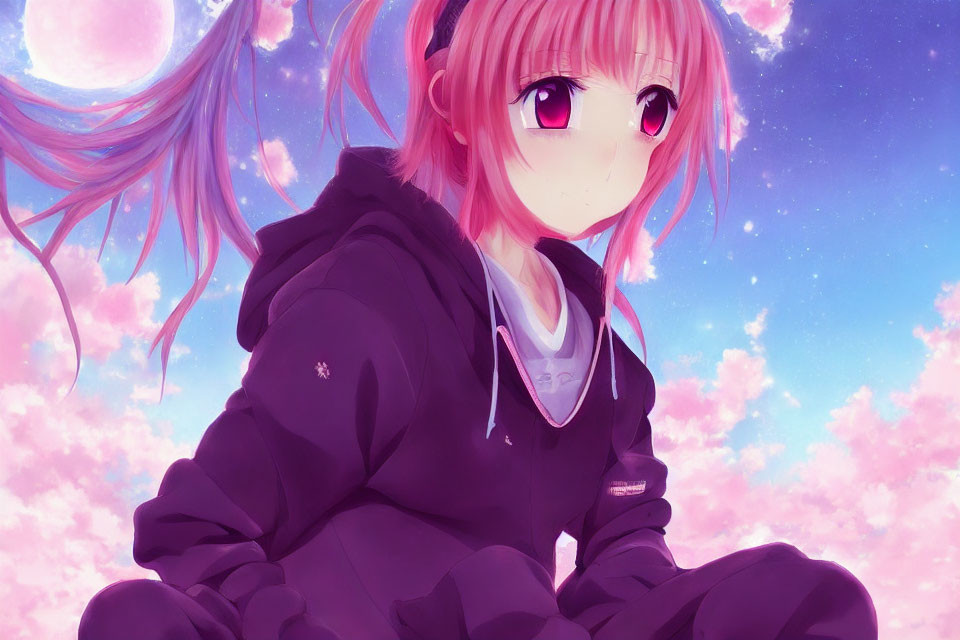 Pink-haired anime girl with large eyes in pensive pose against pink clouds and twilight sky