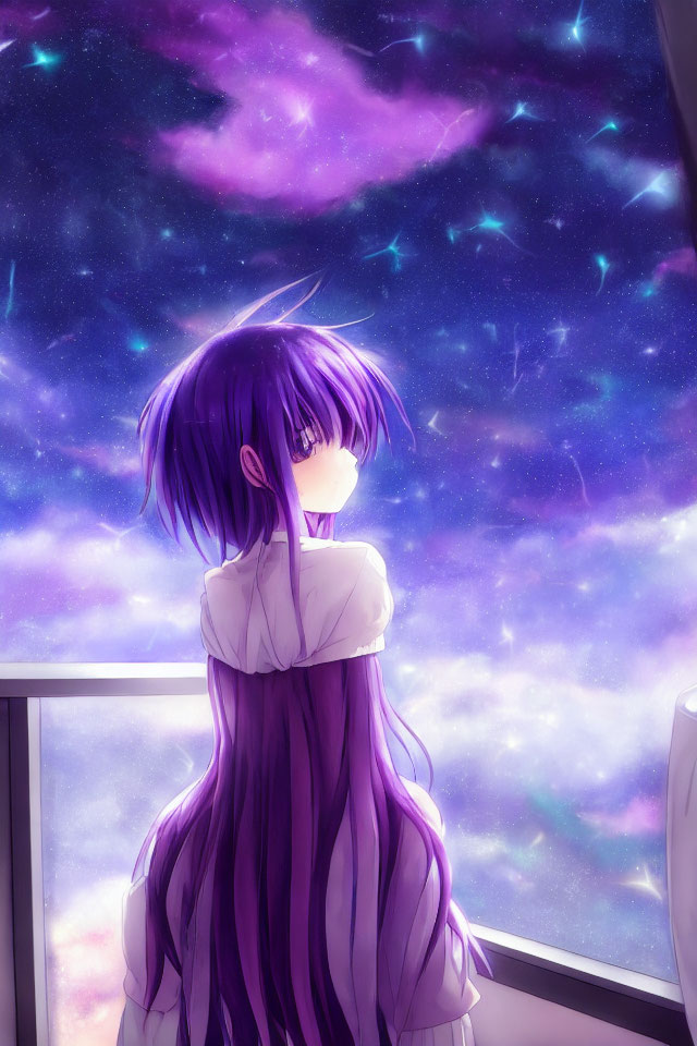 Purple-haired anime girl admires star-filled galaxy through window