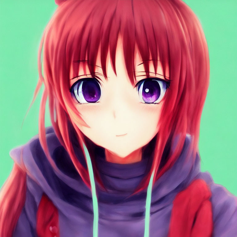 Character with Red Hair and Purple Eyes in Hoodie on Green Background