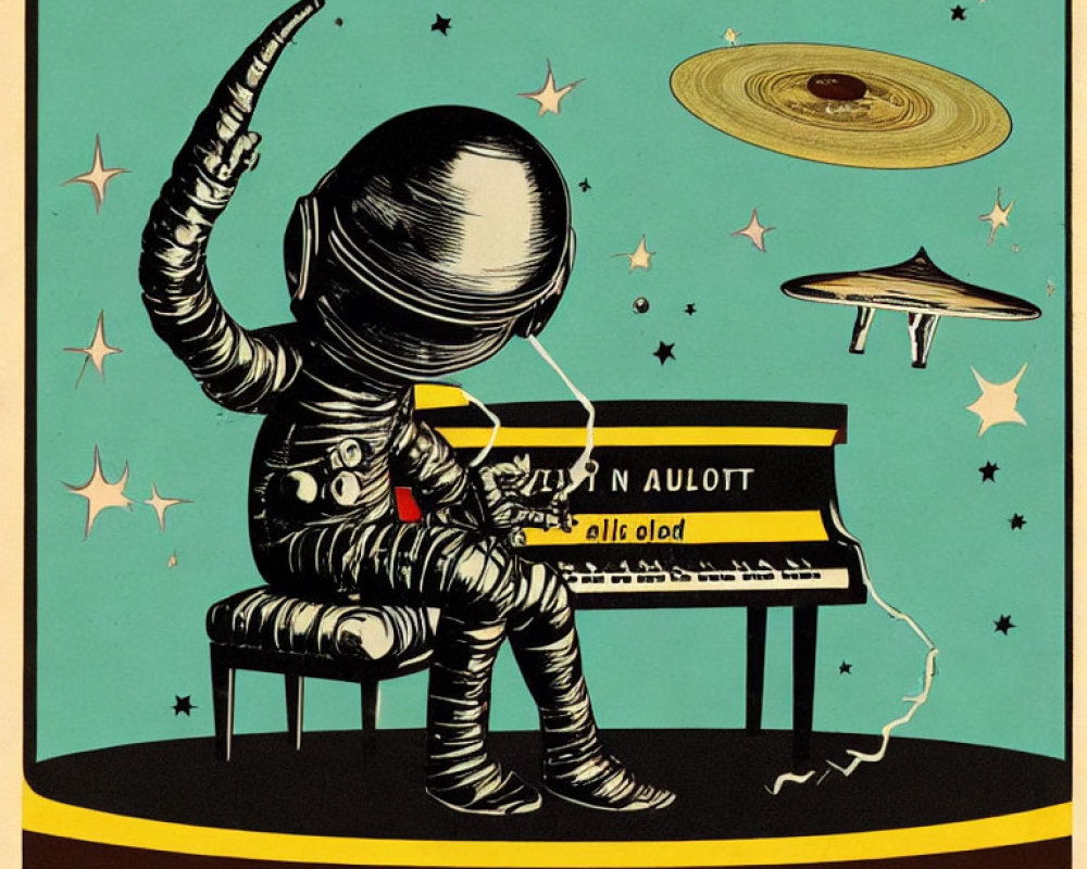 Astronaut playing keyboard in space with stars, UFO, and Saturn