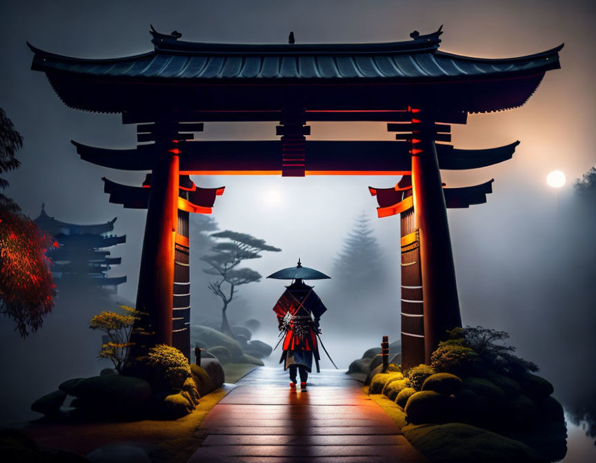 Traditional Japanese attire person walking to torii gate in foggy setting