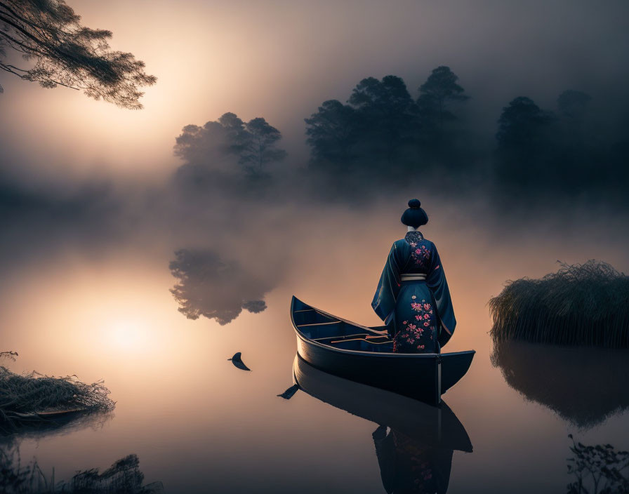 Traditional robe figure in canoe on misty lake at sunrise with bird flying low