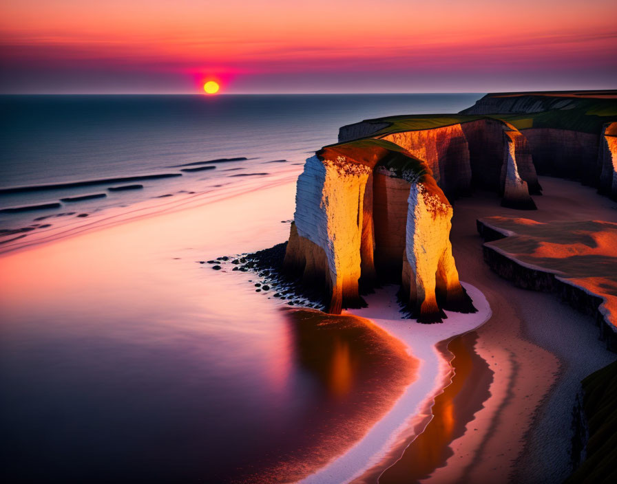 Tranquil sunset view over coastal cliffs and serene beach