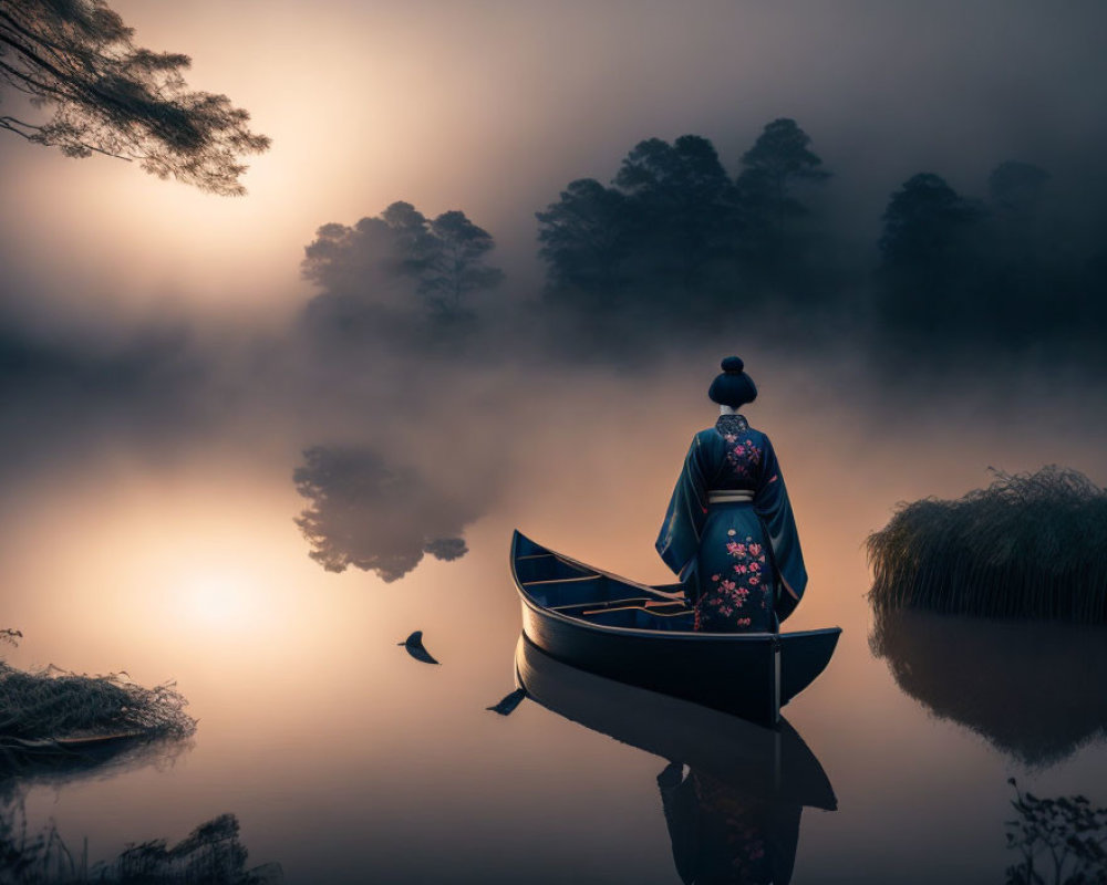 Traditional robe figure in canoe on misty lake at sunrise with bird flying low