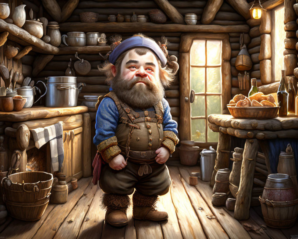 Medieval-themed kitchen with bearded man in rustic attire
