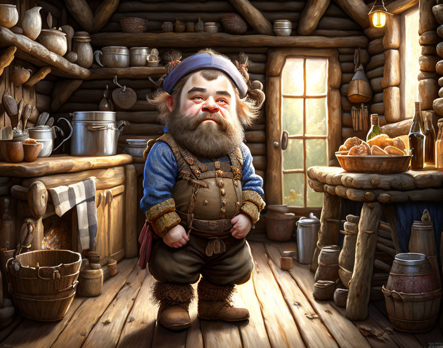 Medieval-themed kitchen with bearded man in rustic attire