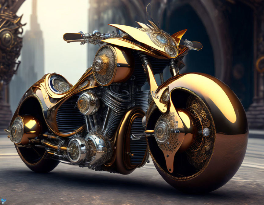 Sleek Golden Futuristic Motorcycle in Opulent Corridor