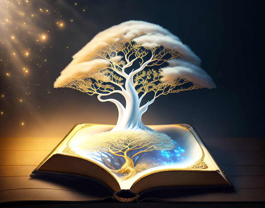 Open book with magical tree on dark background