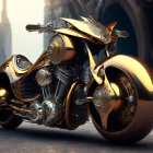 Sleek Golden Futuristic Motorcycle in Opulent Corridor