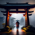 Traditional Japanese attire person walking to torii gate in foggy setting