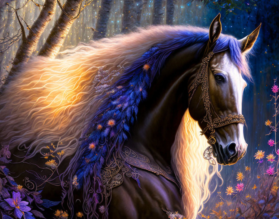 Majestic grey horse with luminous blue flower mane in enchanted forest