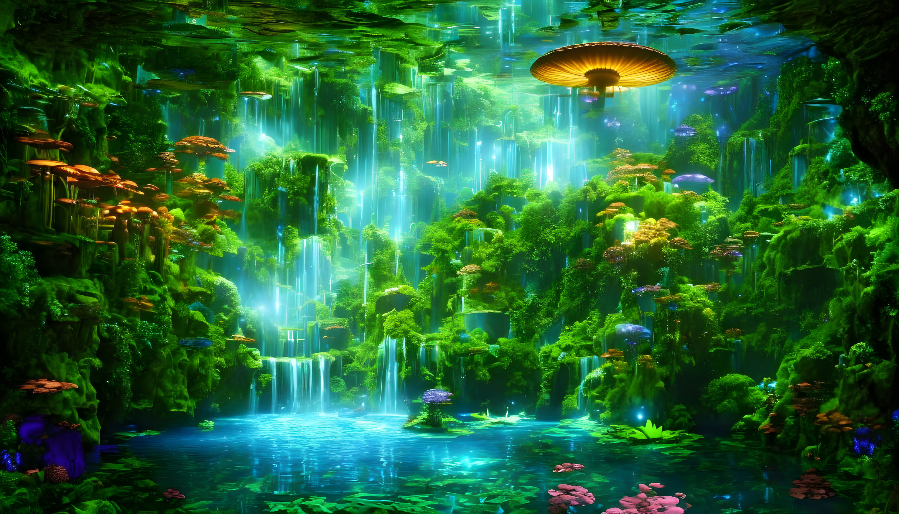 Fantastical underground cave with lush greenery and glowing flowers