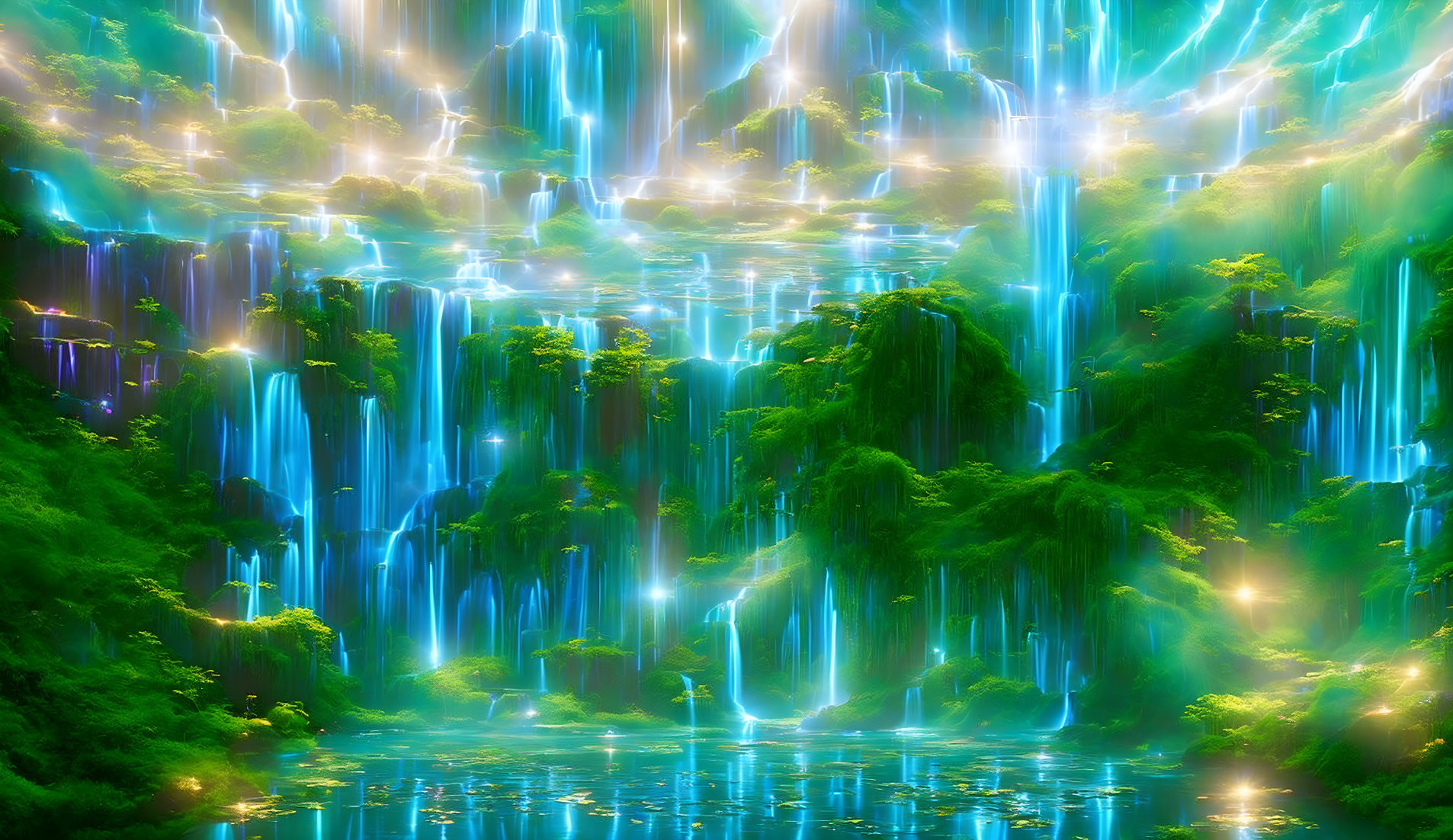 Luminous forest with waterfalls, greenery, and ethereal light rays