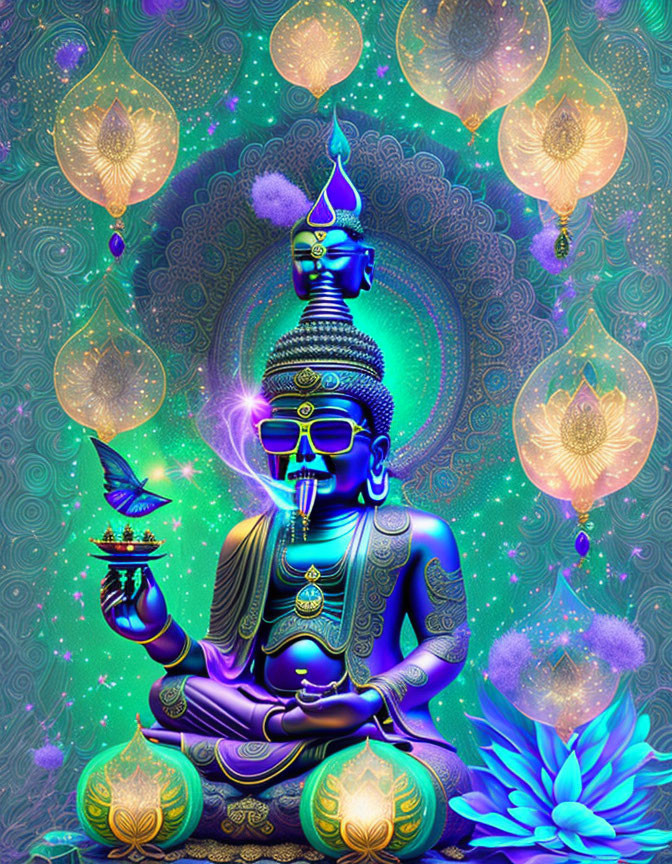 Digital Artwork: Meditative Figure with Blue Faces and Golden Ornaments