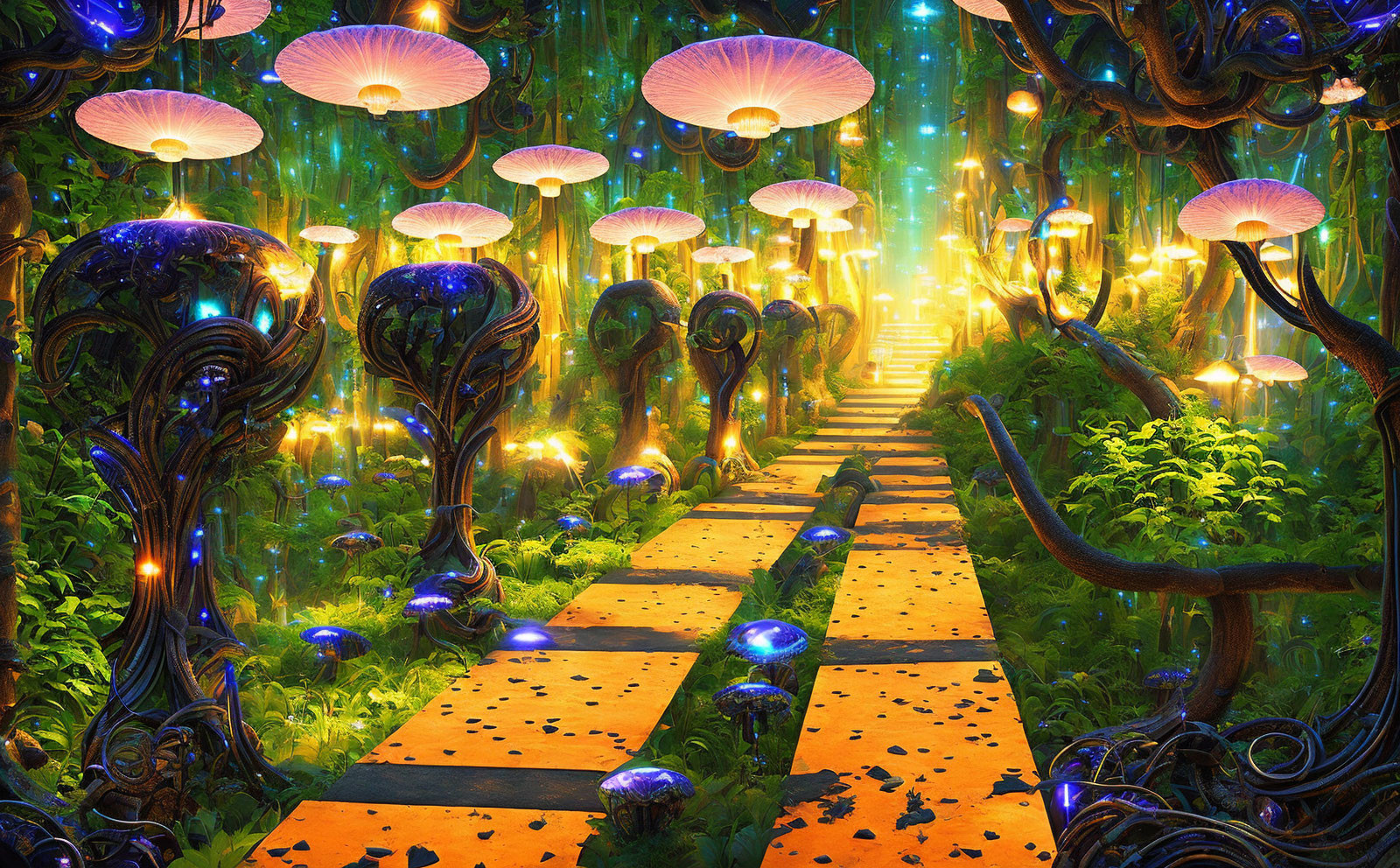 Enchanted forest path with glowing mushrooms and orbs, distant radiant stairway