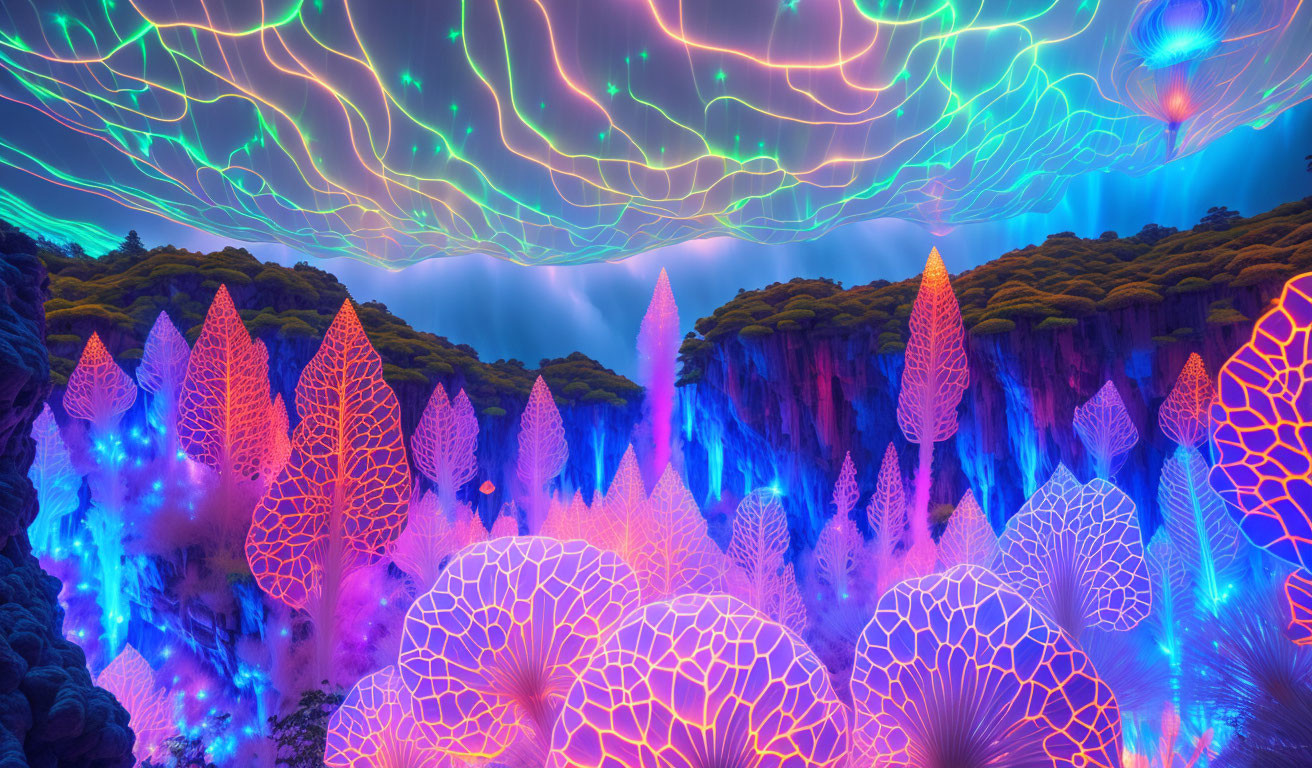 Fantasy landscape digital artwork with neon-lit flora & glowing structures