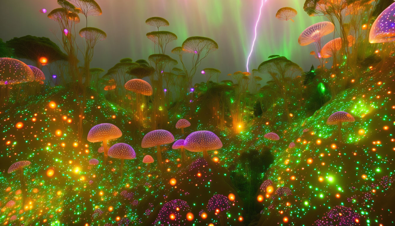 Fantastical landscape with oversized glowing mushrooms under stormy sky