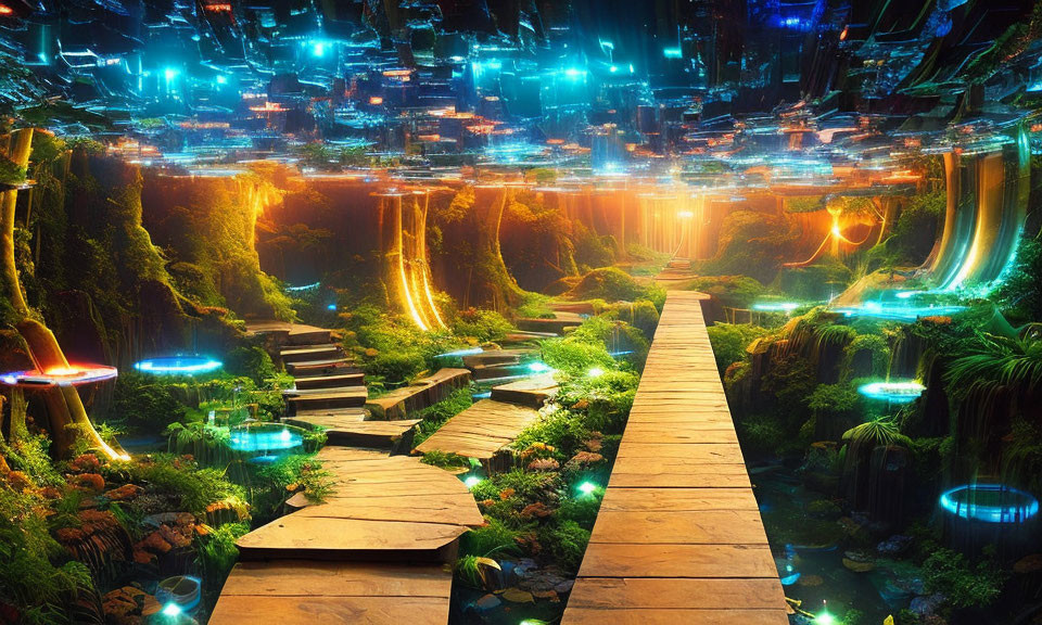 Wooden Pathway Through Vibrant Futuristic Jungle with Glowing Plants