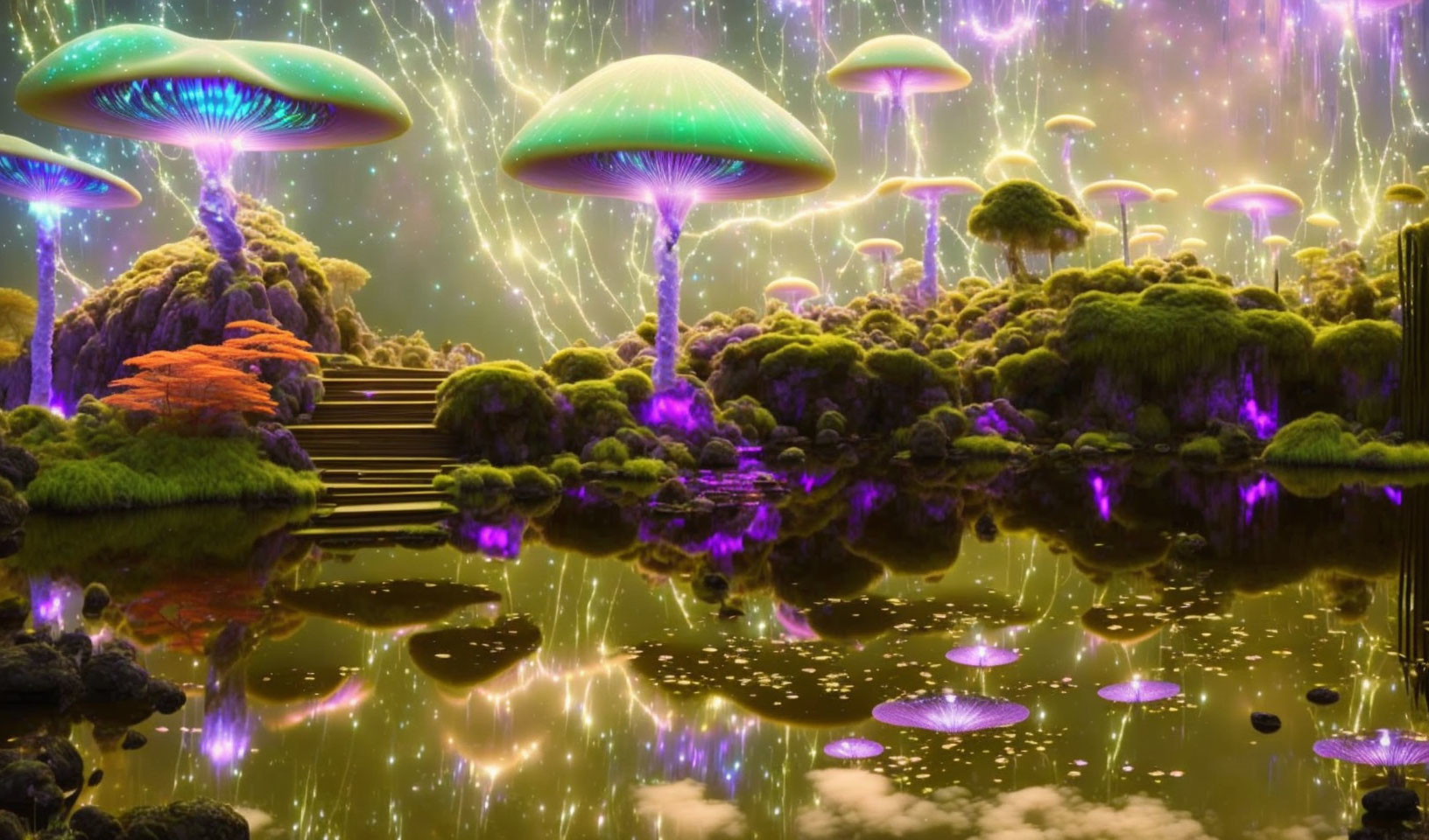 Fantastical landscape with glowing mushroom structures and vibrant vegetation