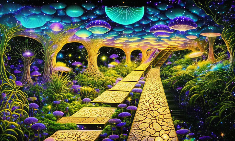 Colorful psychedelic landscape with glowing mushrooms and starry sky