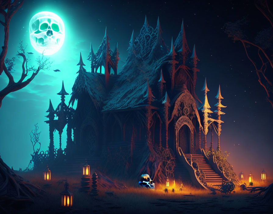 Gothic castle with skull moon, eerie lighting, skeletal trees