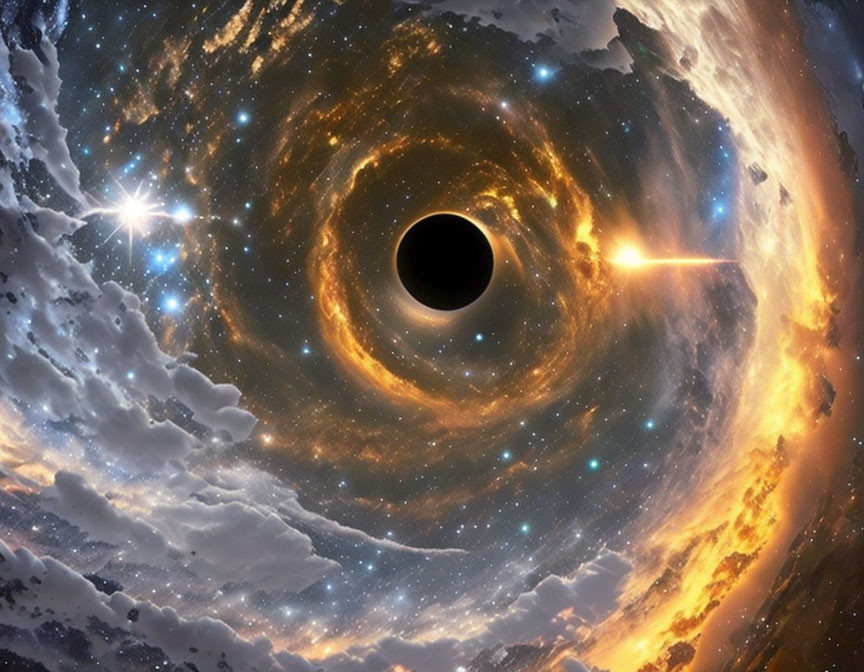 Illustration: Black hole distorting space with accretion disk & energy jet