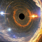 Illustration: Black hole distorting space with accretion disk & energy jet