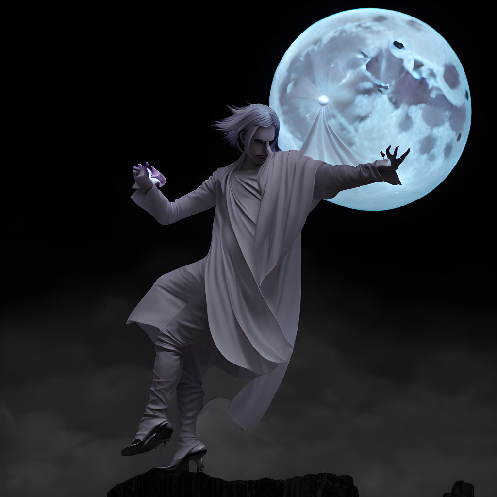 White-haired mystical figure performing magic against moon backdrop