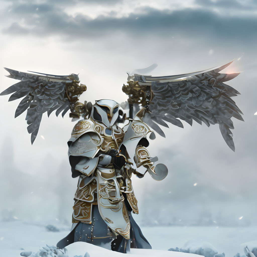 Armored figure with golden trim and mechanical wings in snowy landscape