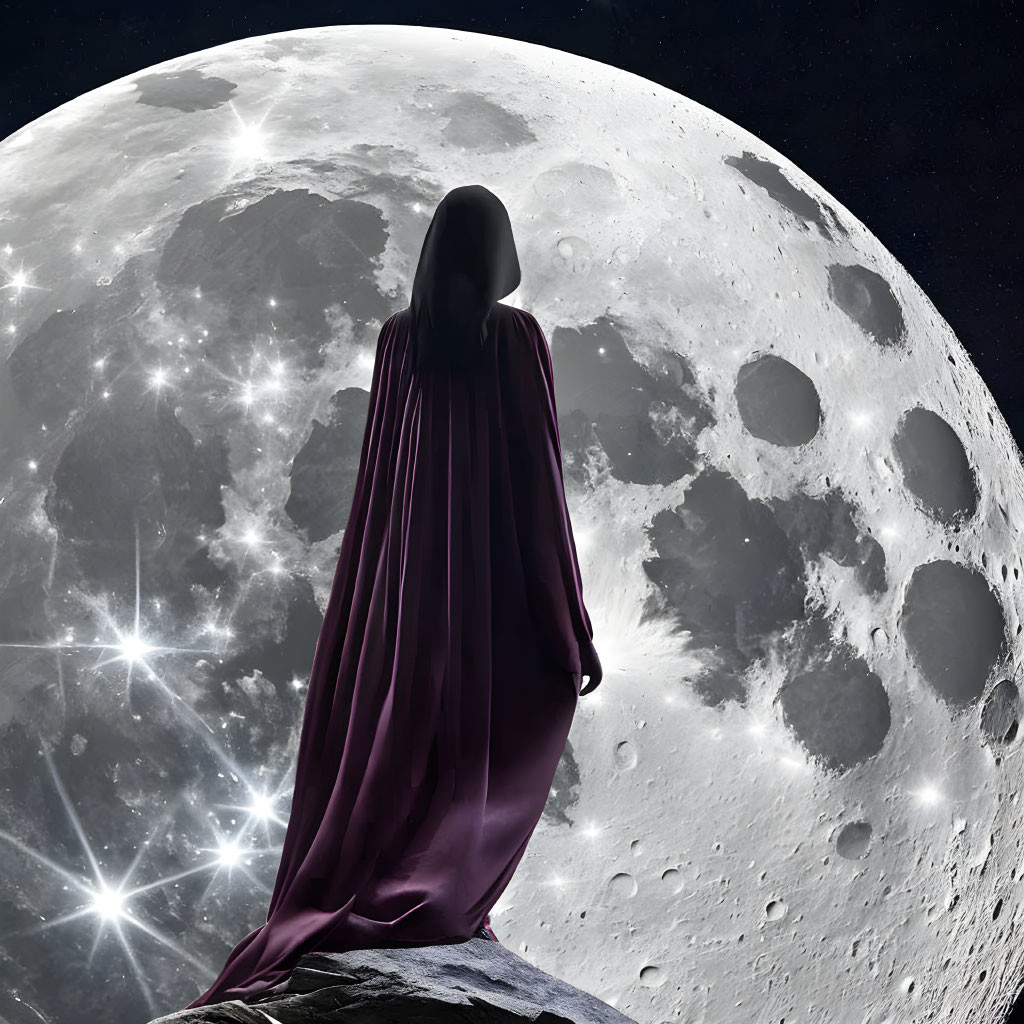 Figure in flowing purple cloak under large moon and starry sky