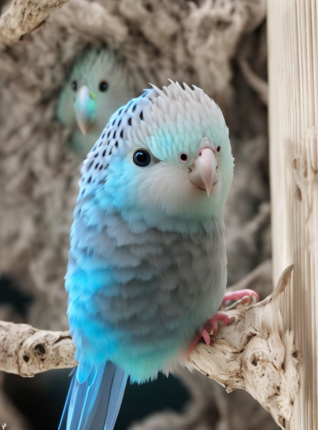 Blue and White Budgerigar Perched on Branch with Another in Background