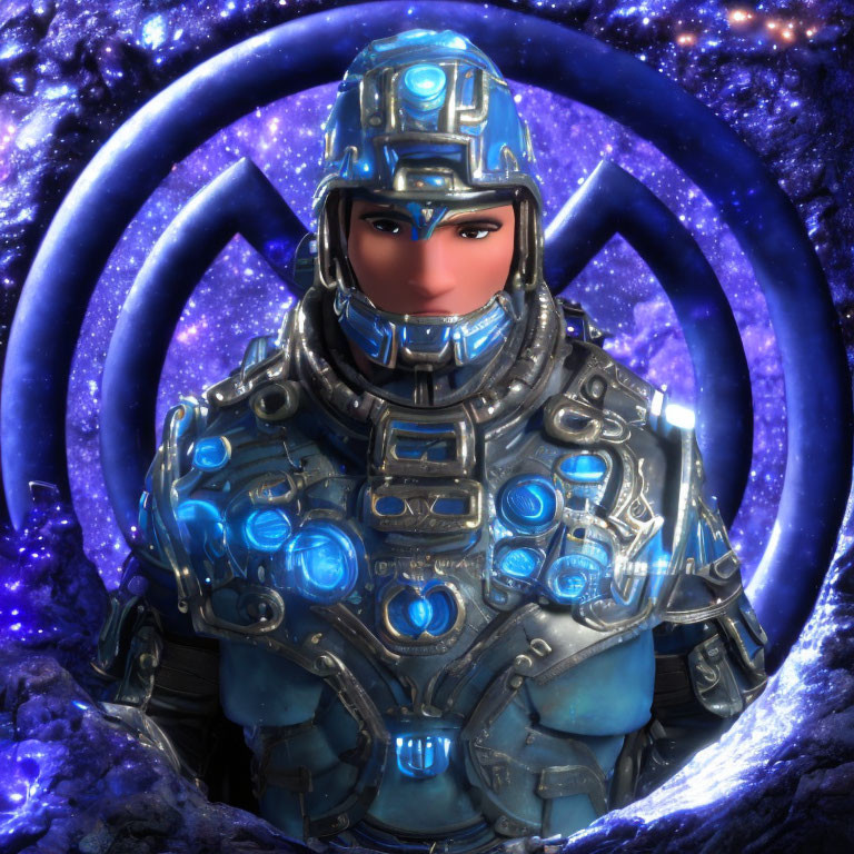 Futuristic character in blue armor with cosmic background