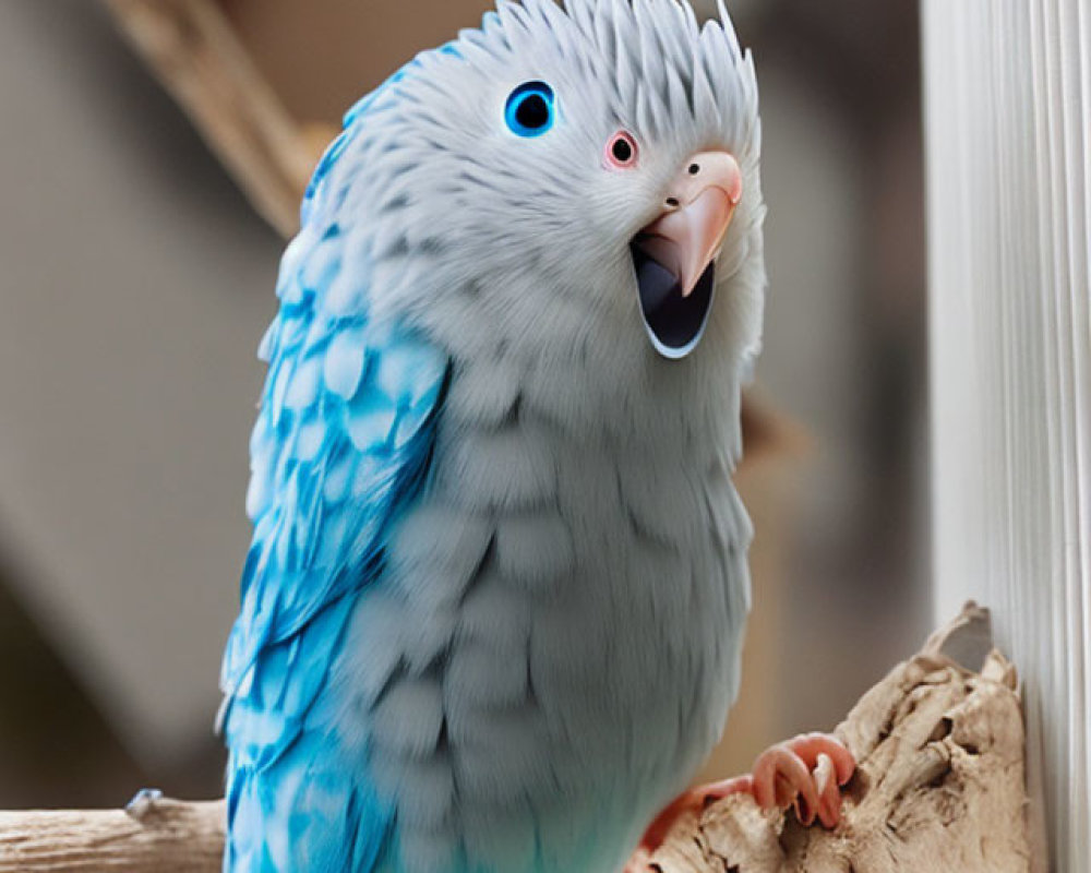 Blue Budgerigar with White Head and Black Eyes Perched on Branch